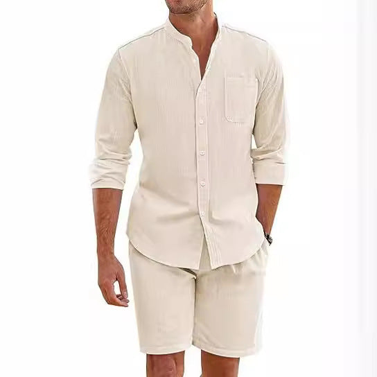Men's Casual Button-Up Long Sleeve Shirt & Shorts Two-Piece Set