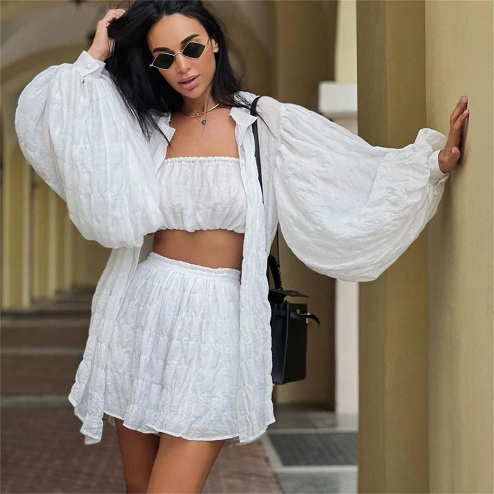 Lantern Sleeve Cardigan, Top & Shorts Set