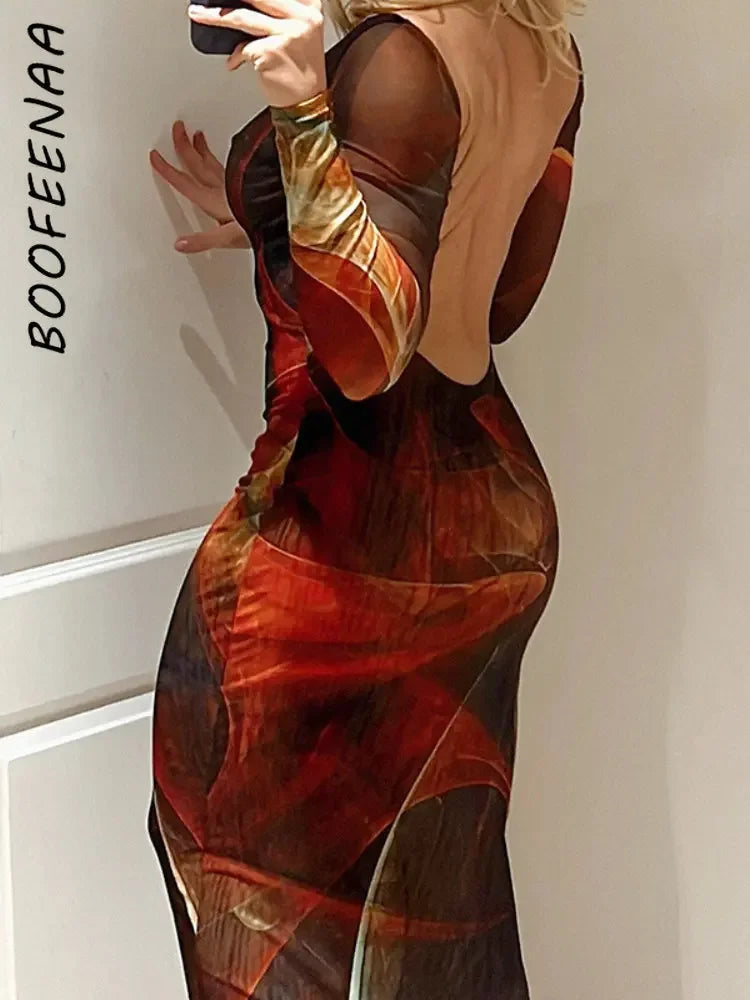 Women's Print Mesh Long-Sleeve Backless Bodycon Midi Dress
