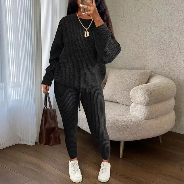 Women's Solid Knit Long-Sleeve Sweater & Pants Two-Piece Set