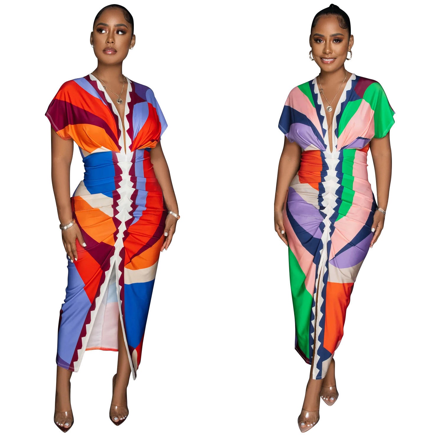 Women's V-Neck Printed Short-Sleeve Bodycon Maxi Dress