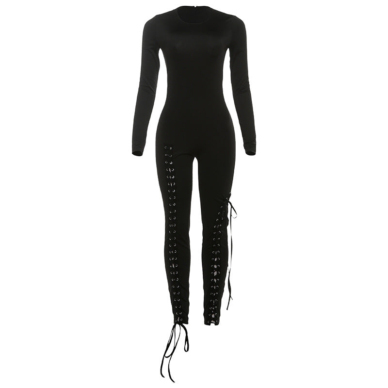 Women's Cut-Out Tie-Up Bodycon Long Jumpsuit – Slim Fit Milk Silk