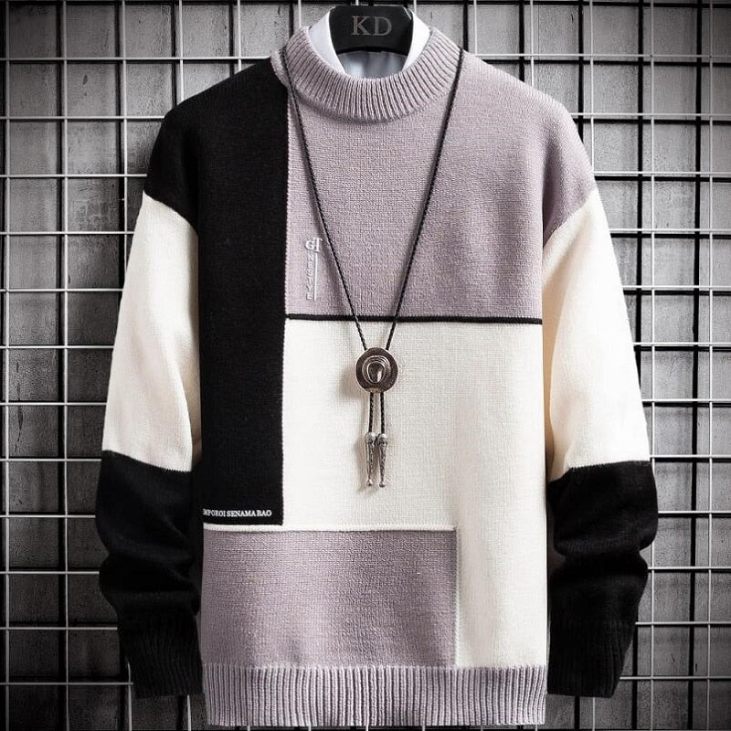 Men's Cashmere Warm Turtleneck Slim Fit Pullover Sweater – Patchwork Knit