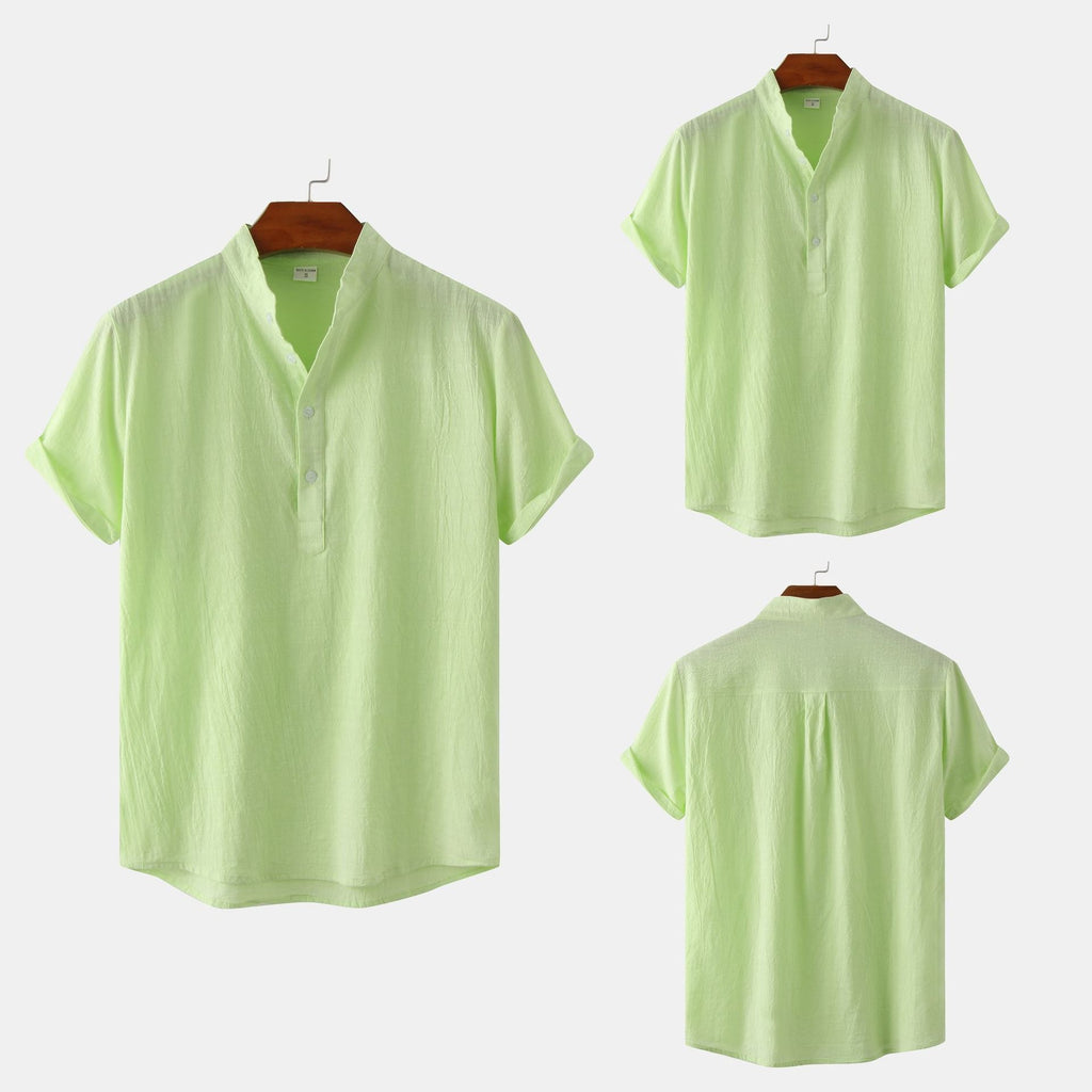 Men's Cotton-Linen Standing Collar Short-Sleeve Casual Shirt