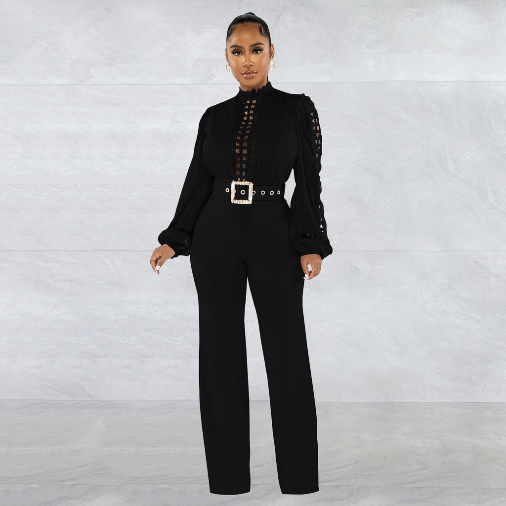Women's Long-Sleeve Hollow-Out Belted Wide-Leg Jumpsuit