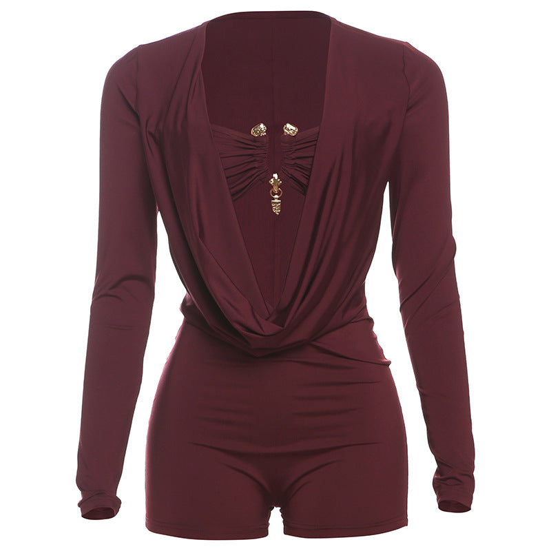 Women's Deep V-Neck Bodycon Jumpsuit – Metallic Detail Milk Silk