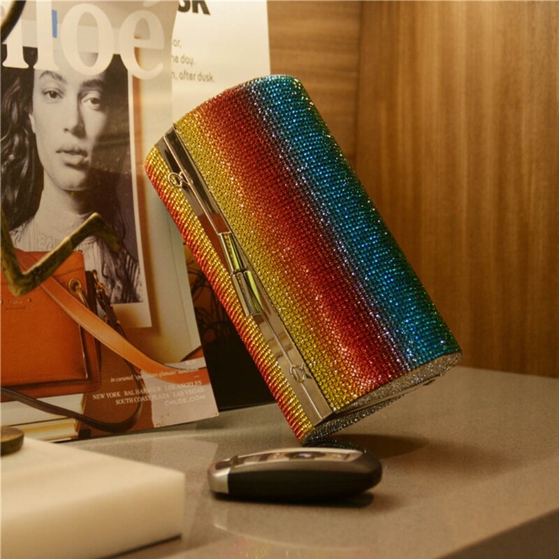 Rainbow Rhinestone Cylinder Shoulder Bag