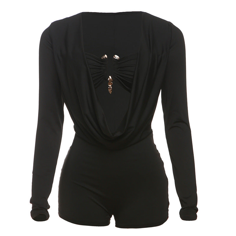 Women's Deep V-Neck Bodycon Jumpsuit – Metallic Detail Milk Silk