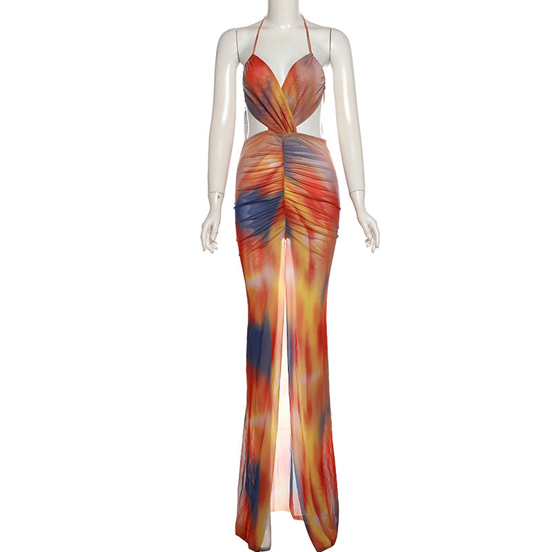 Women's Backless Tie-Back Printed Mesh Spliced Maxi Dress