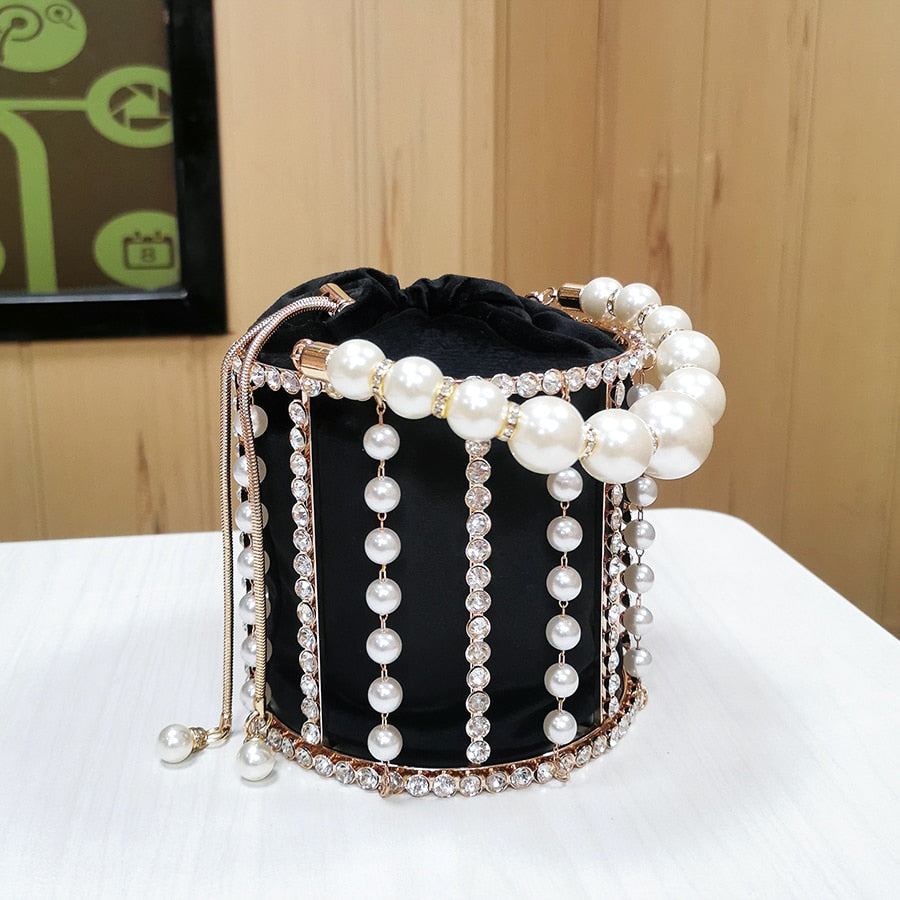 Handmade Diamond Pearl Bucket Clutch