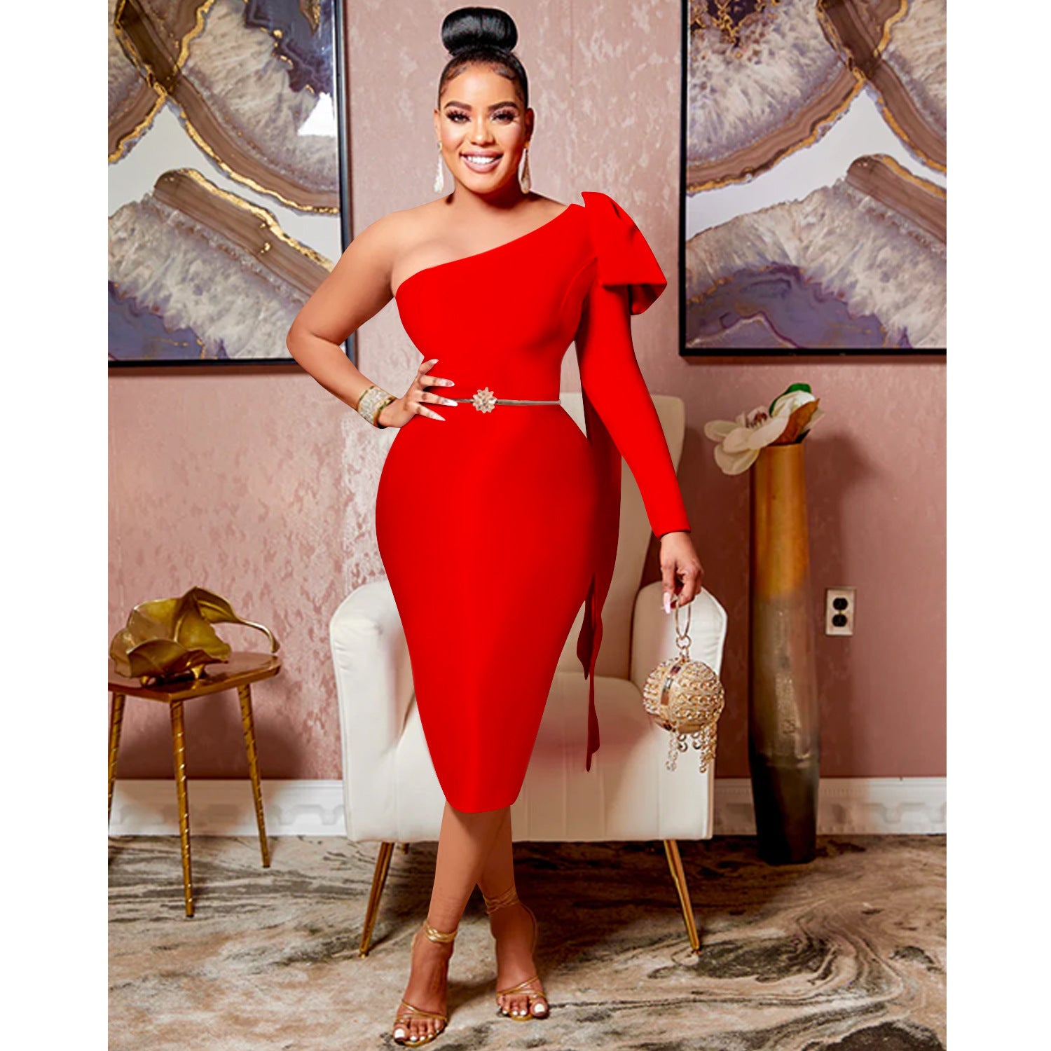 Women's Single Long-Sleeve Asymmetrical Bow Midi Dress