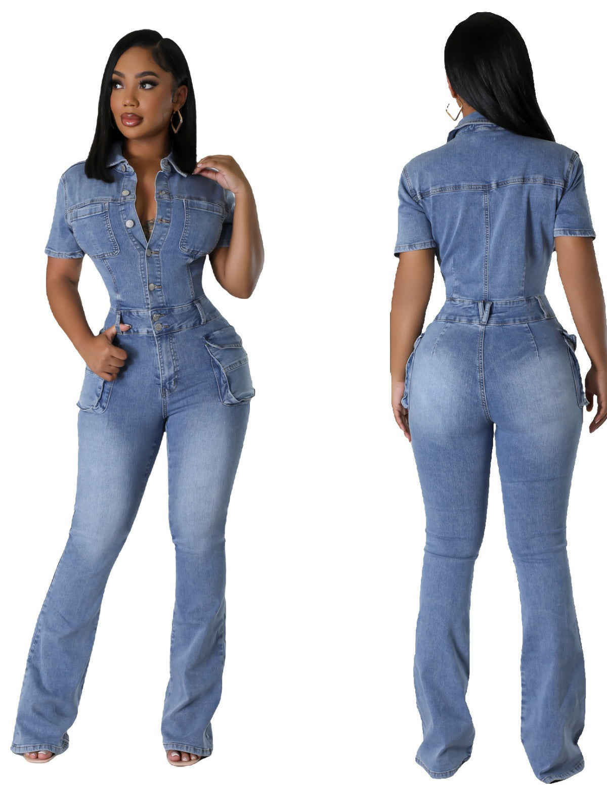 Women's Slim Fit Washed Denim Flared Jumpsuit