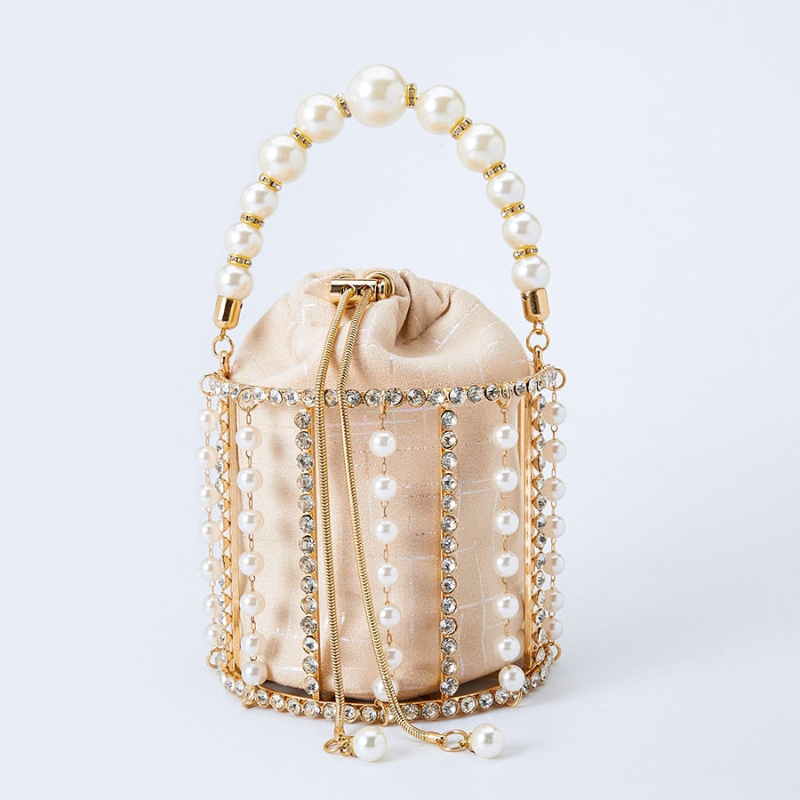 Handmade Diamond Pearl Bucket Clutch