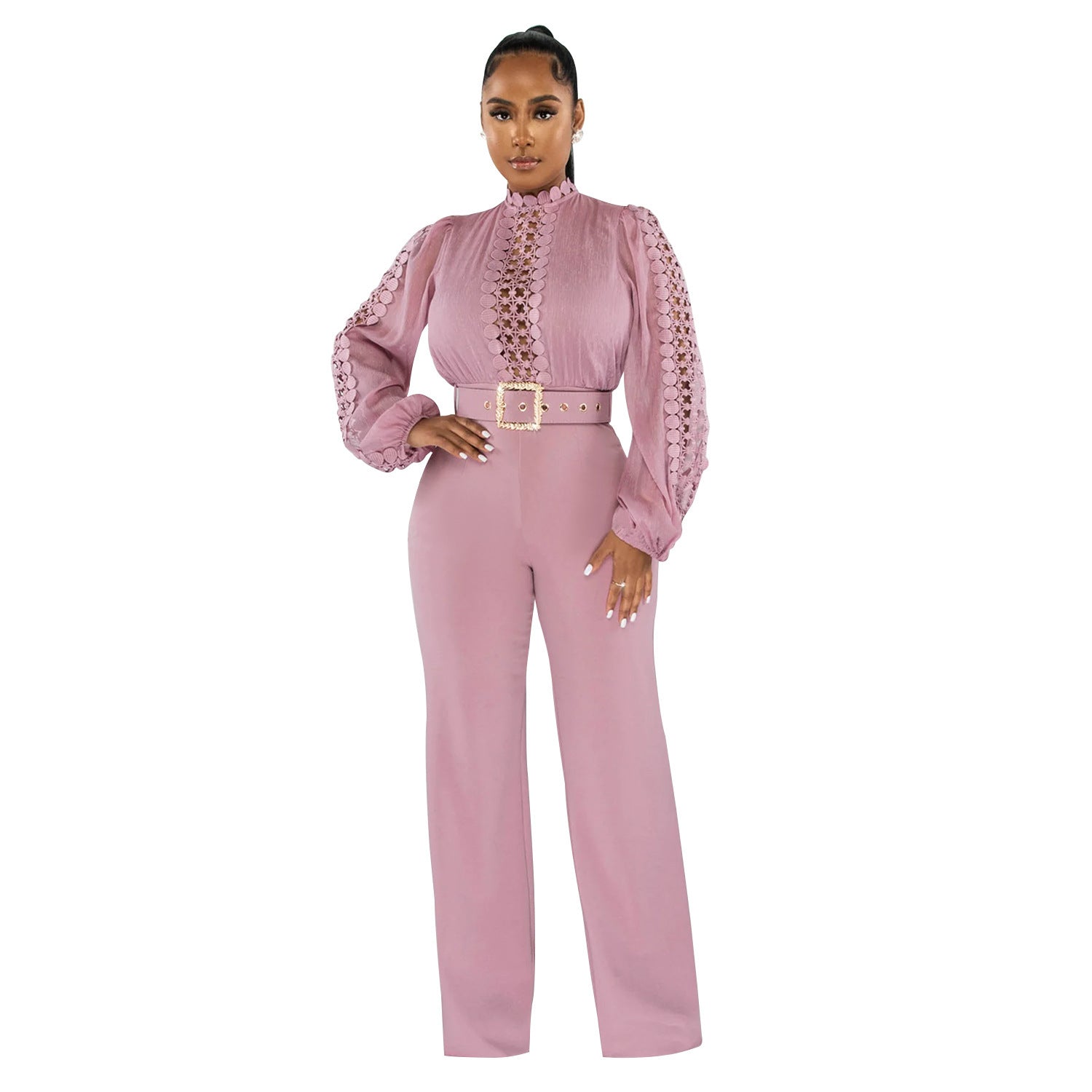 Women's Long-Sleeve Hollow-Out Belted Wide-Leg Jumpsuit