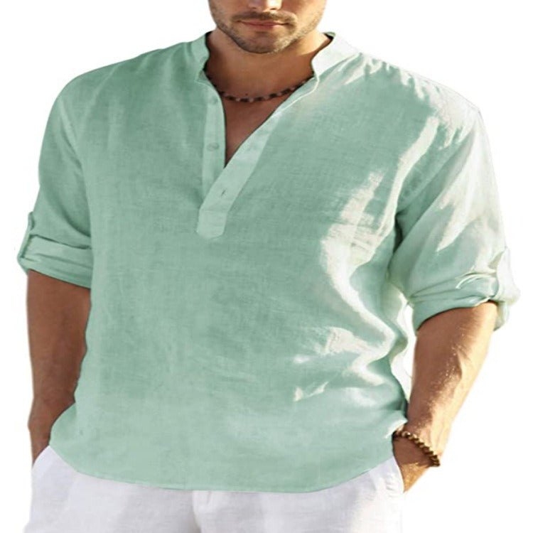 Men's Cotton-Linen Long-Sleeve Loose Casual Shirt – Standing Collar