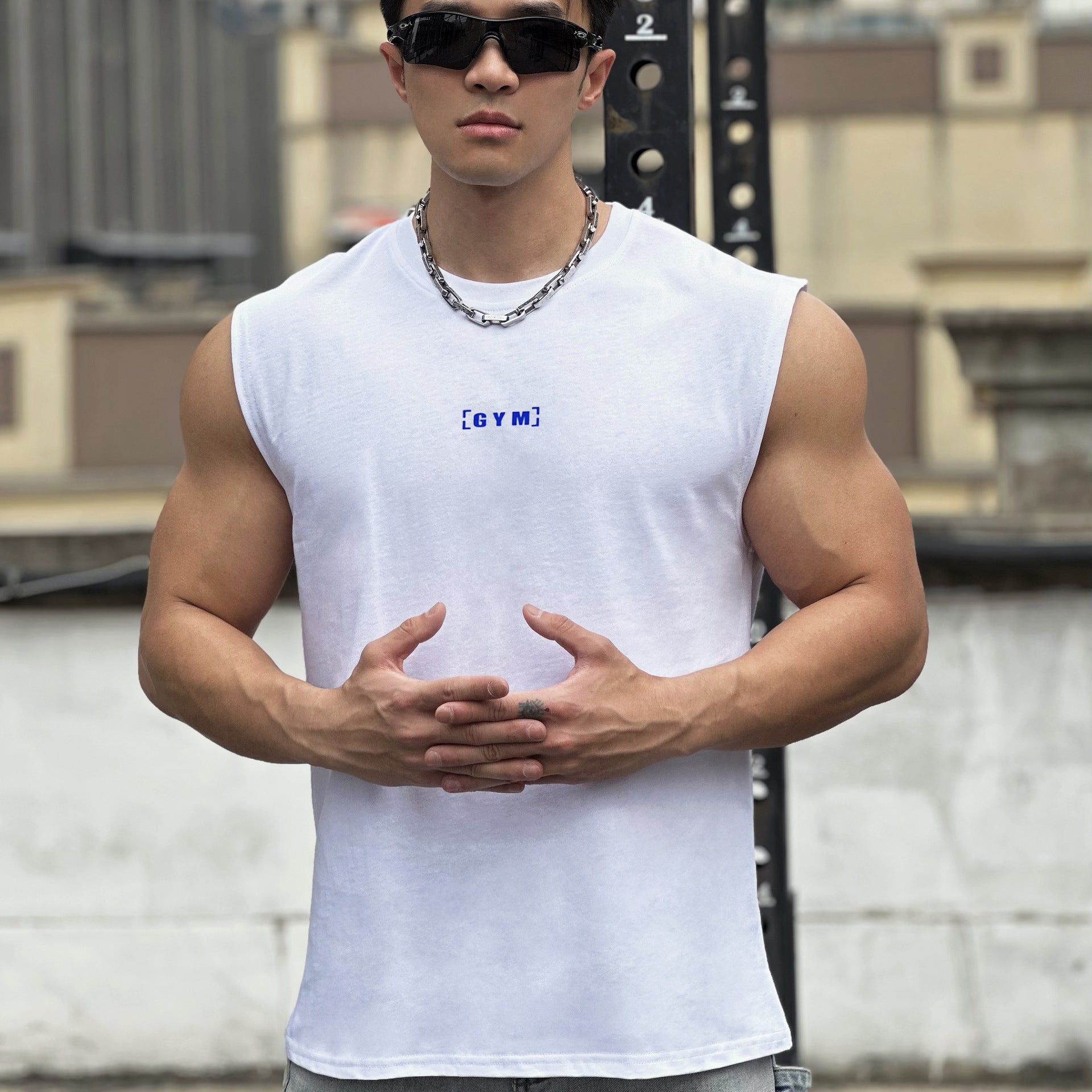 Men's Heavyweight Cotton Wide Shoulder Sleeveless Vest — Fitness Running Sport Top