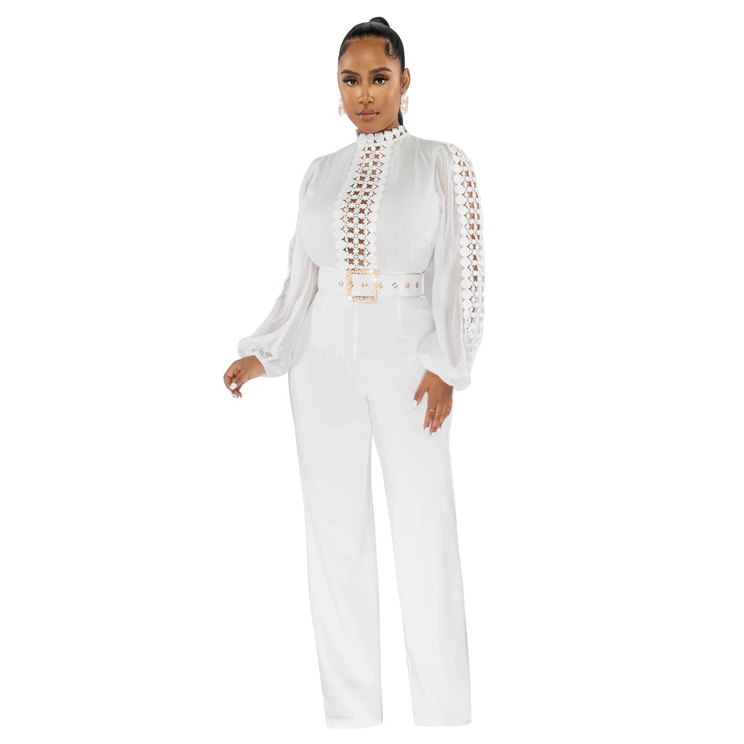 Women's Long-Sleeve Hollow-Out Belted Wide-Leg Jumpsuit