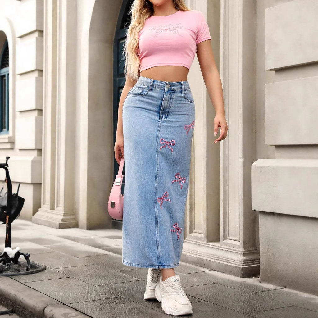 Women's Bow Tie Denim Long Skirt
