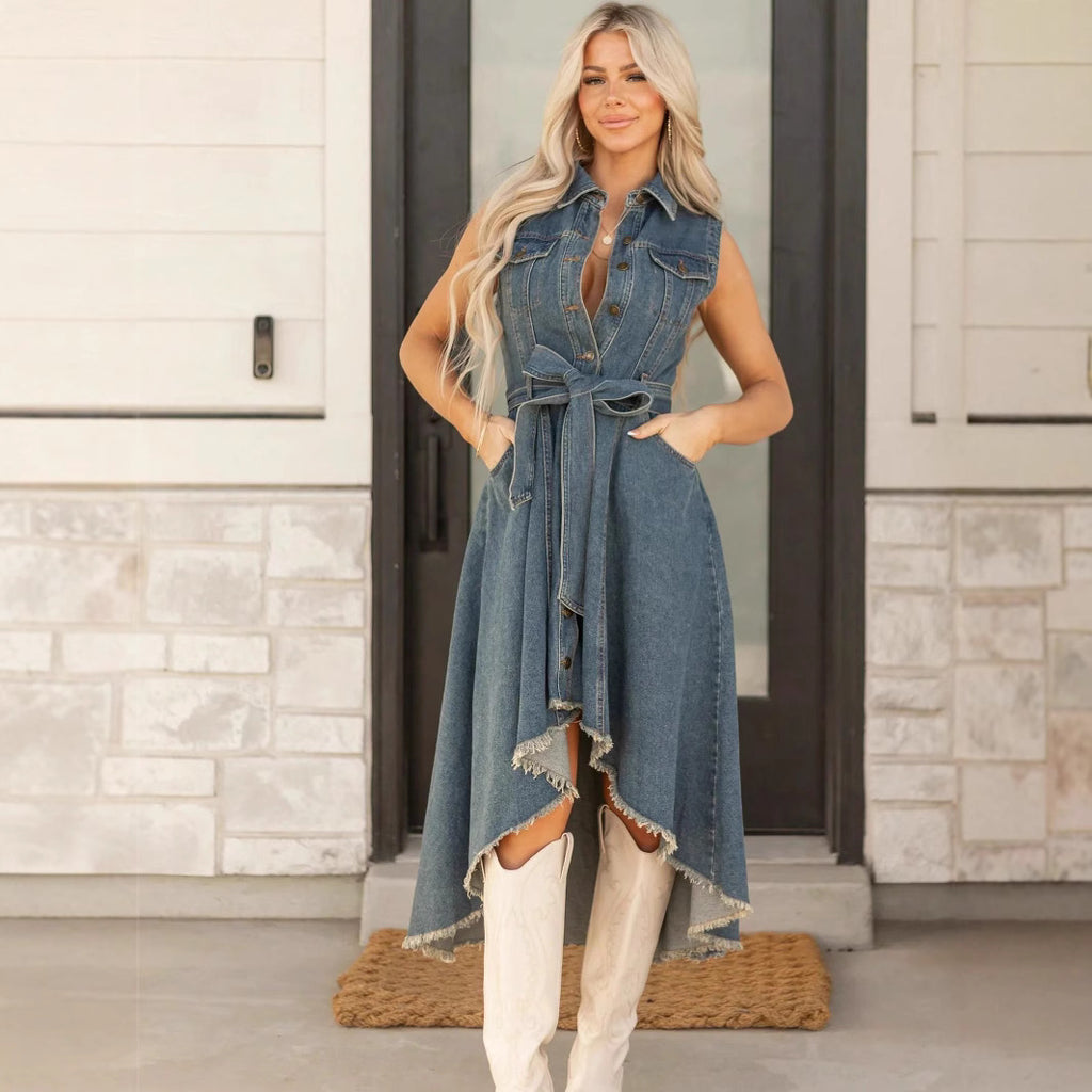 Women's Sleeveless Denim Dress — Irregular Hem Street Fashion Midi Dress