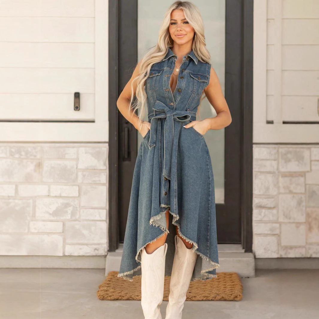 Women's Sleeveless Denim Dress — Irregular Hem Street Fashion Midi Dress