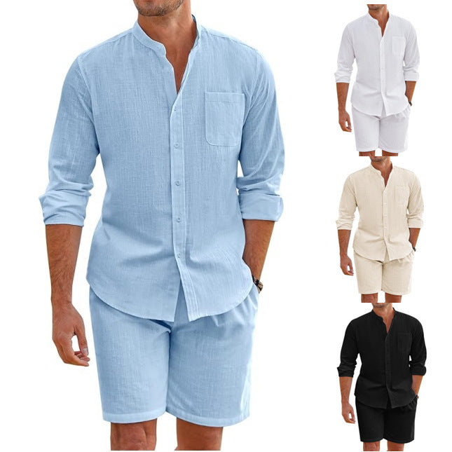 Men's Casual Button-Up Long Sleeve Shirt & Shorts Two-Piece Set
