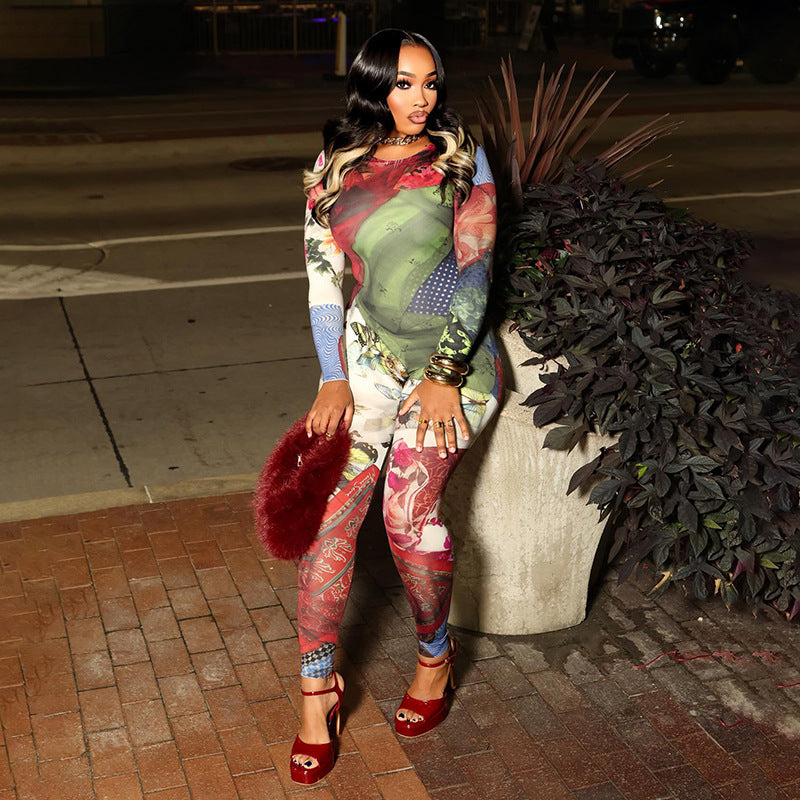 Women's 3D Digital Print Fitted Long Sleeve Jumpsuit