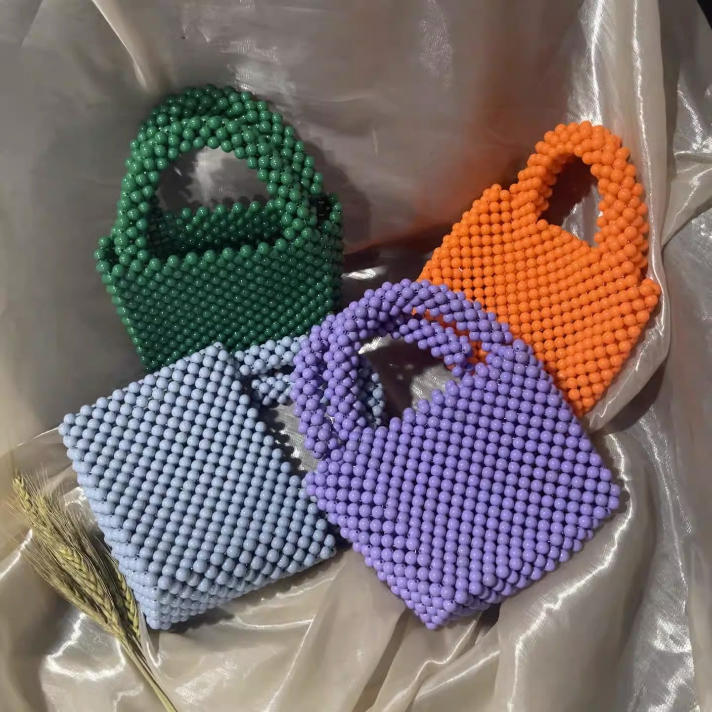 Solid Colour Beaded Handbag