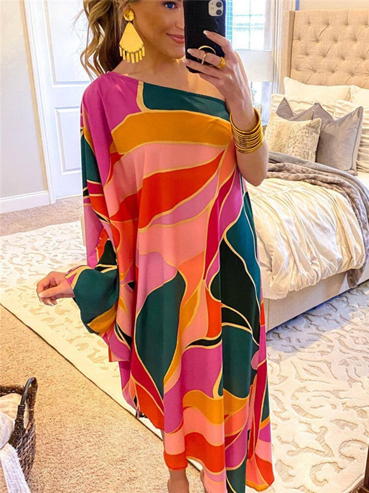 Women's One-Shoulder Boho Print Irregular Midi Dress