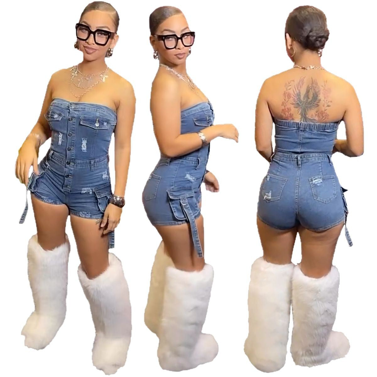 Women's High-Elastic Strapless Denim Jumpsuit with 3D Pockets