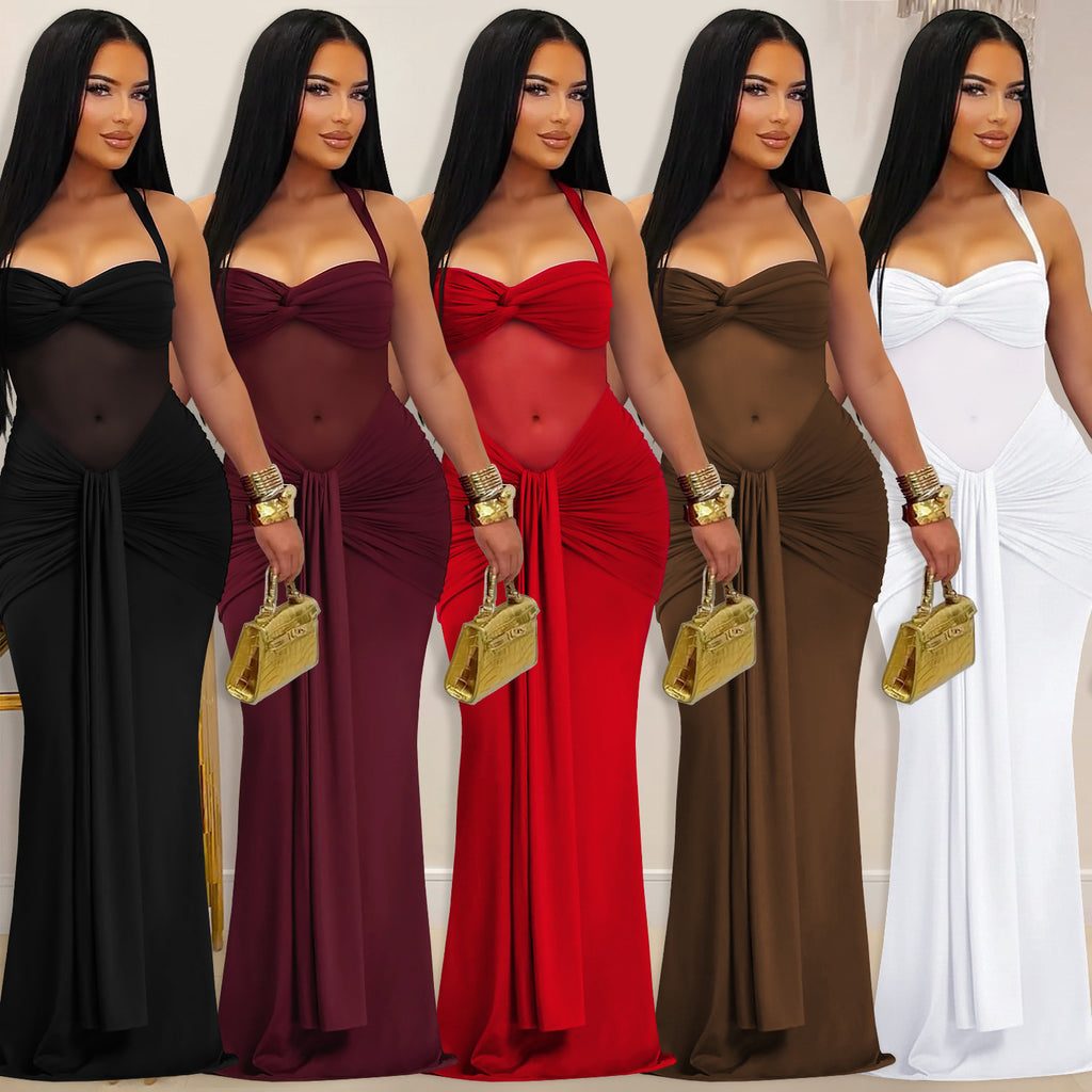 Women's Sheer Mesh Halter Tie-Back Bodycon Maxi Dress