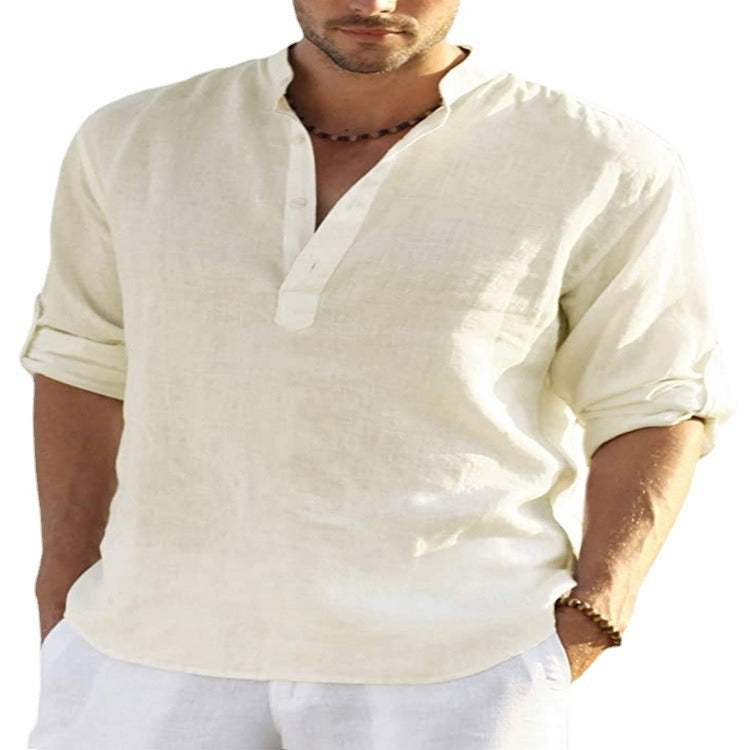 Men's Cotton-Linen Long-Sleeve Loose Casual Shirt – Standing Collar