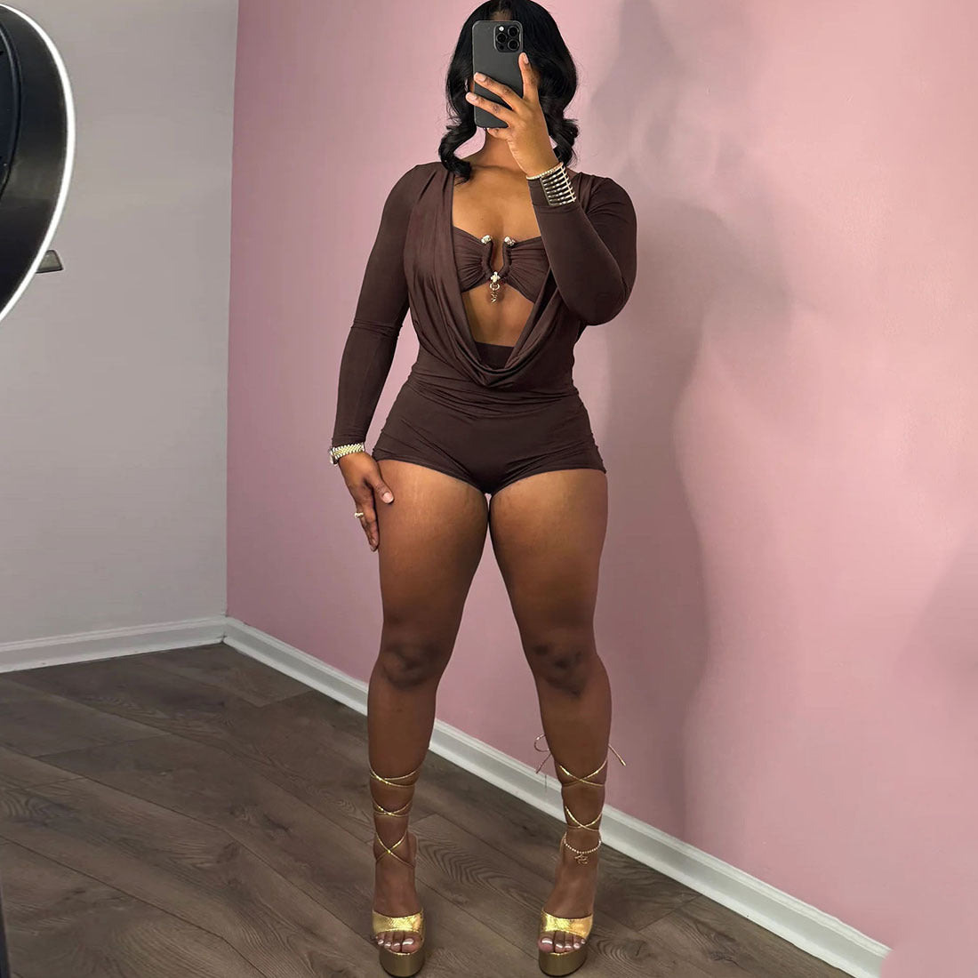 Women's Deep V-Neck Bodycon Jumpsuit – Metallic Detail Milk Silk