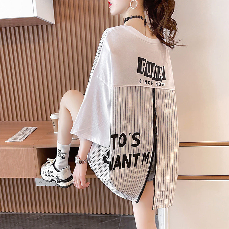 Women's Zipper Stitch Detail Loose Short-Sleeve Top – Cotton Blend Pullover