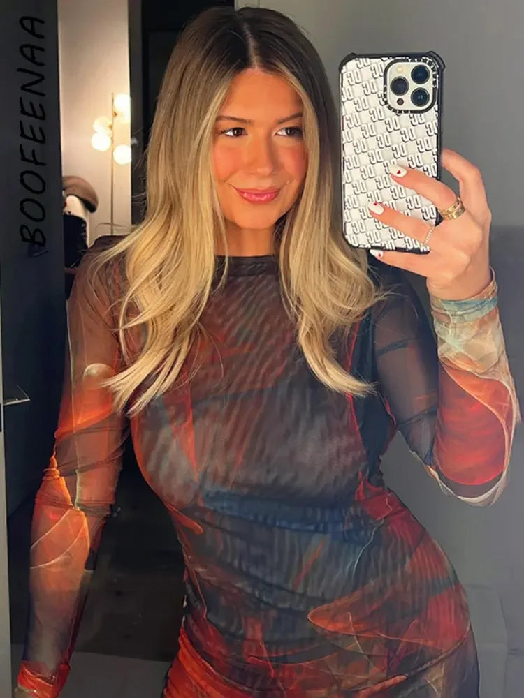 Women's Print Mesh Long-Sleeve Backless Bodycon Midi Dress