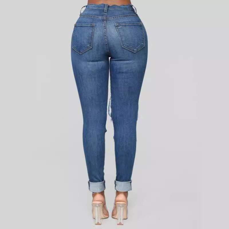 Women's Skinny Fit Ripped Water Washed Denim Jeans