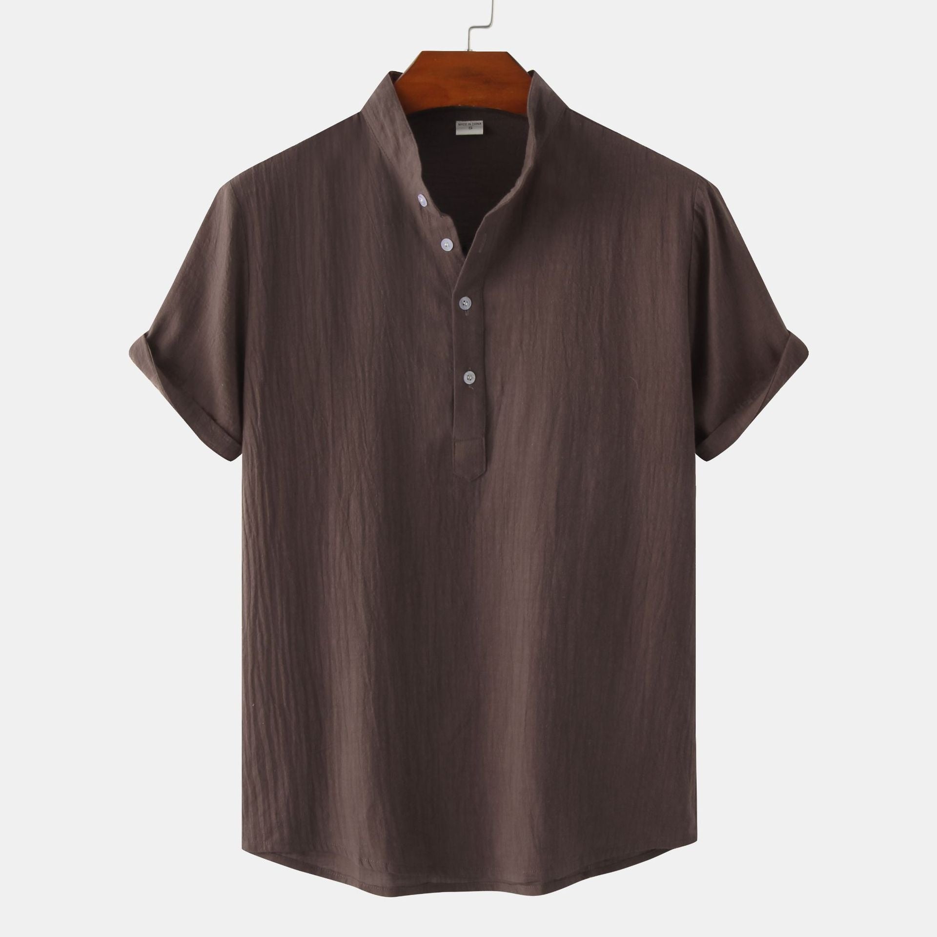 Men's Cotton-Linen Standing Collar Short-Sleeve Casual Shirt