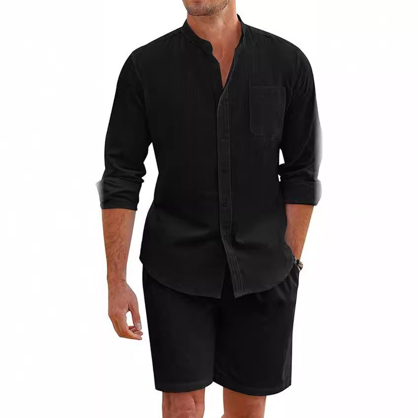 Men's Casual Button-Up Long Sleeve Shirt & Shorts Two-Piece Set
