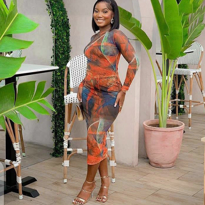 Women's Print Mesh Long-Sleeve Backless Bodycon Midi Dress