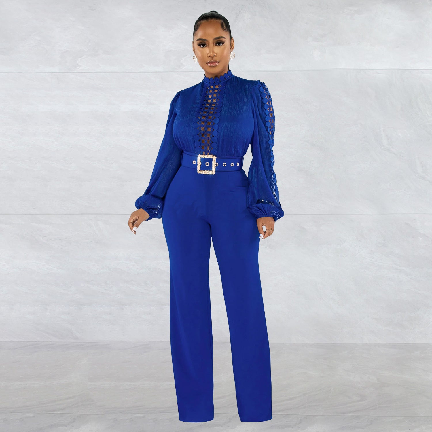 Women's Long-Sleeve Hollow-Out Belted Wide-Leg Jumpsuit