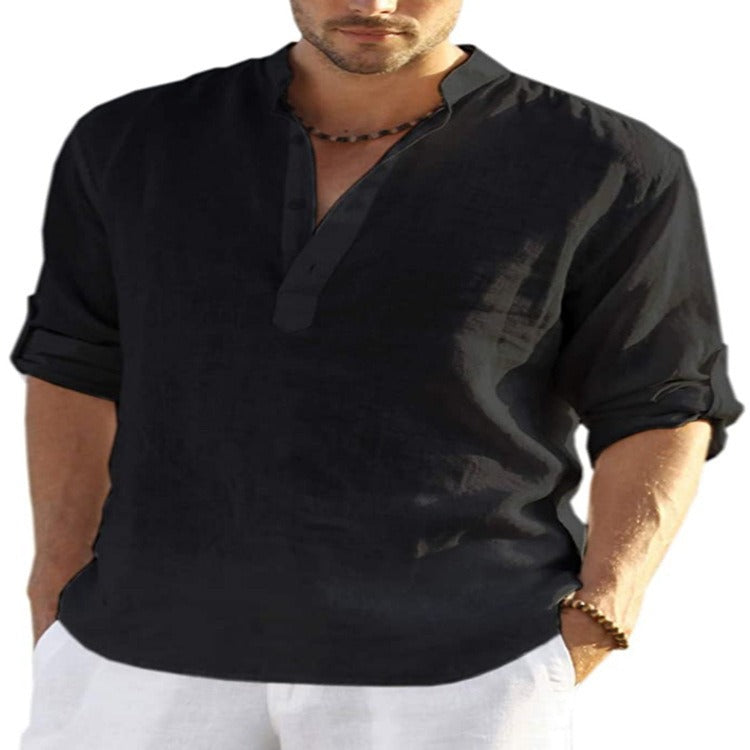Men's Cotton-Linen Long-Sleeve Loose Casual Shirt – Standing Collar