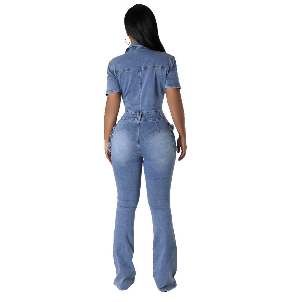 Women's Slim Fit Washed Denim Flared Jumpsuit