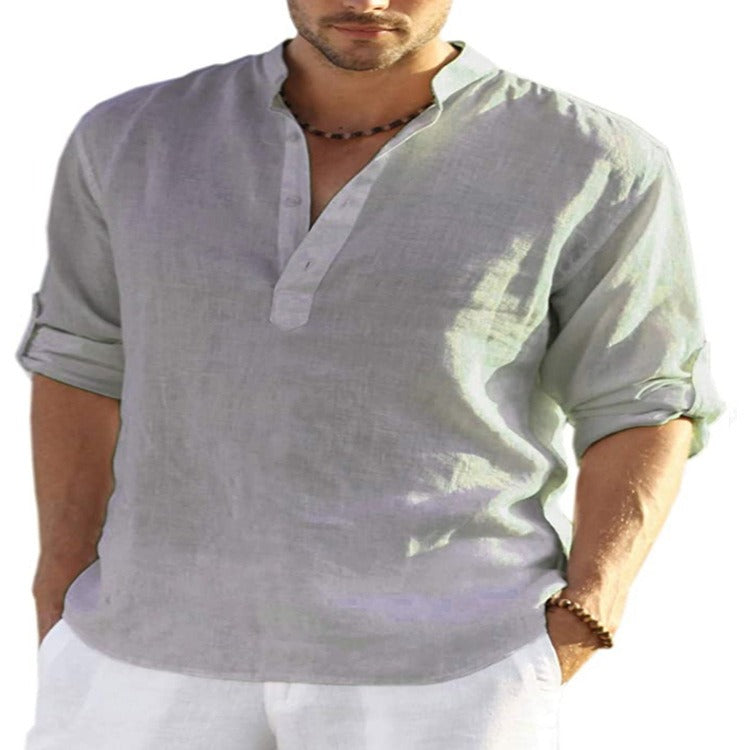 Men's Cotton-Linen Long-Sleeve Loose Casual Shirt – Standing Collar