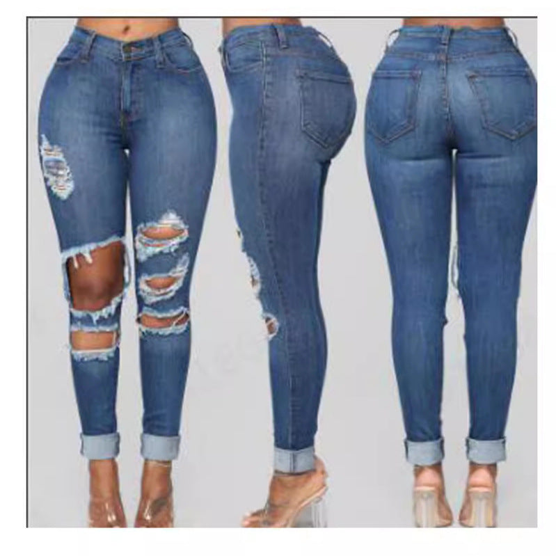 Women's Skinny Fit Ripped Water Washed Denim Jeans
