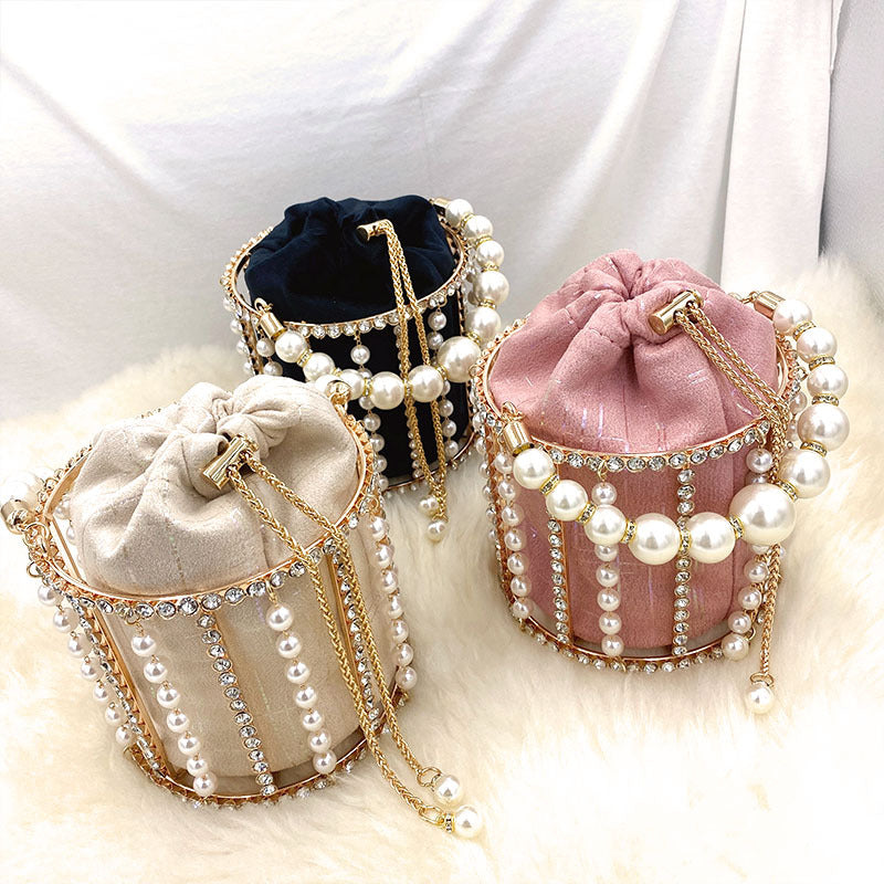 Handmade Diamond Pearl Bucket Clutch