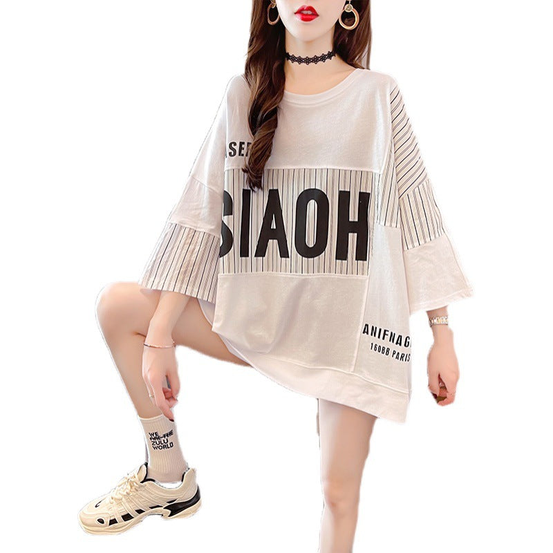 Women's Zipper Stitch Detail Loose Short-Sleeve Top – Cotton Blend Pullover