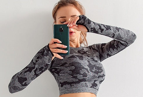 Women's Camouflage 3-Piece Yoga Fitness Set — Sports Bra, Long Sleeve Crop Top & Hip-Lift Leggings