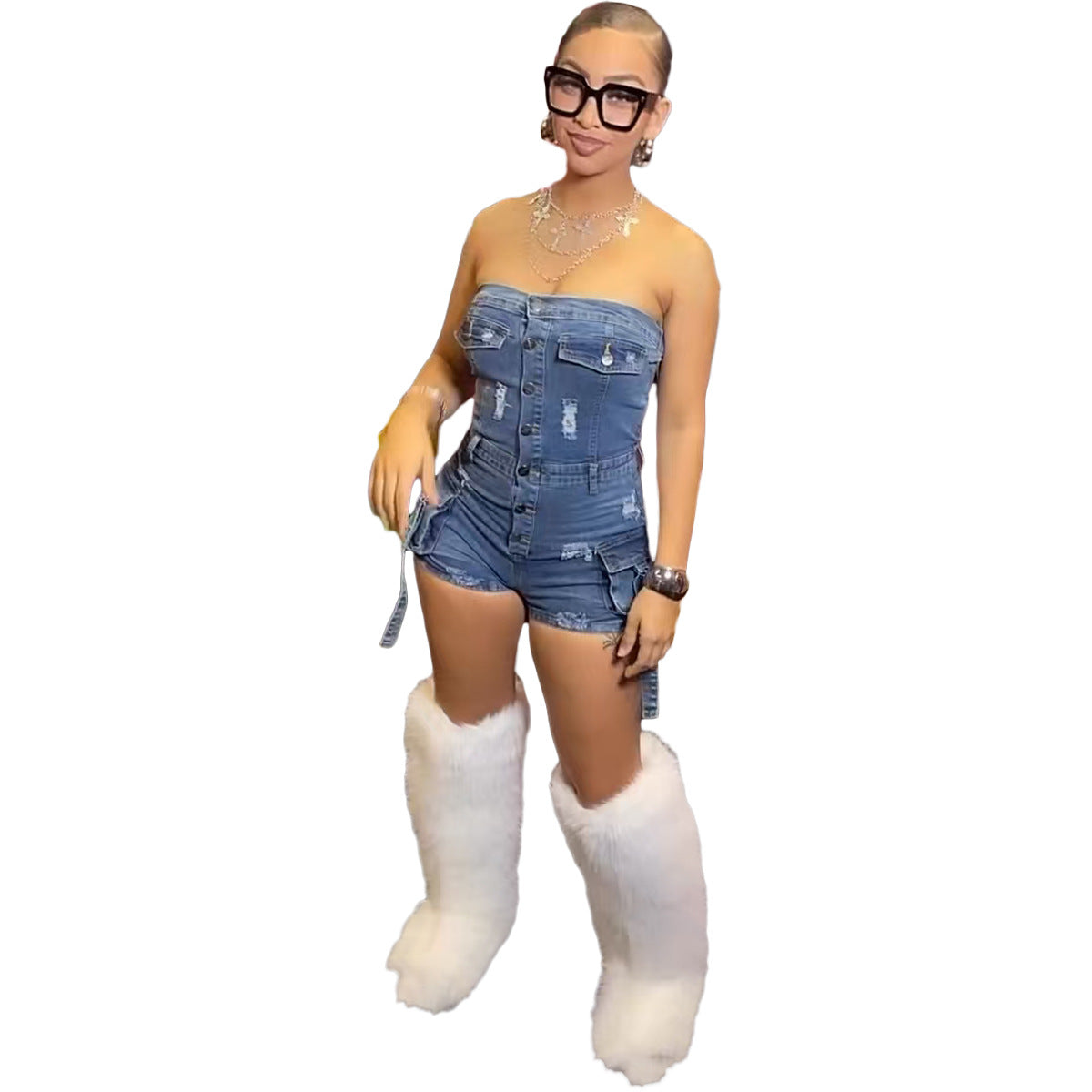 Women's High-Elastic Strapless Denim Jumpsuit with 3D Pockets