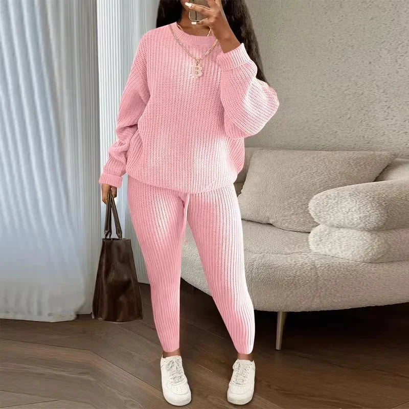 Women's Solid Knit Long-Sleeve Sweater & Pants Two-Piece Set