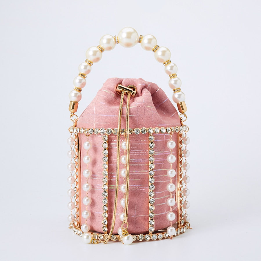 Handmade Diamond Pearl Bucket Clutch