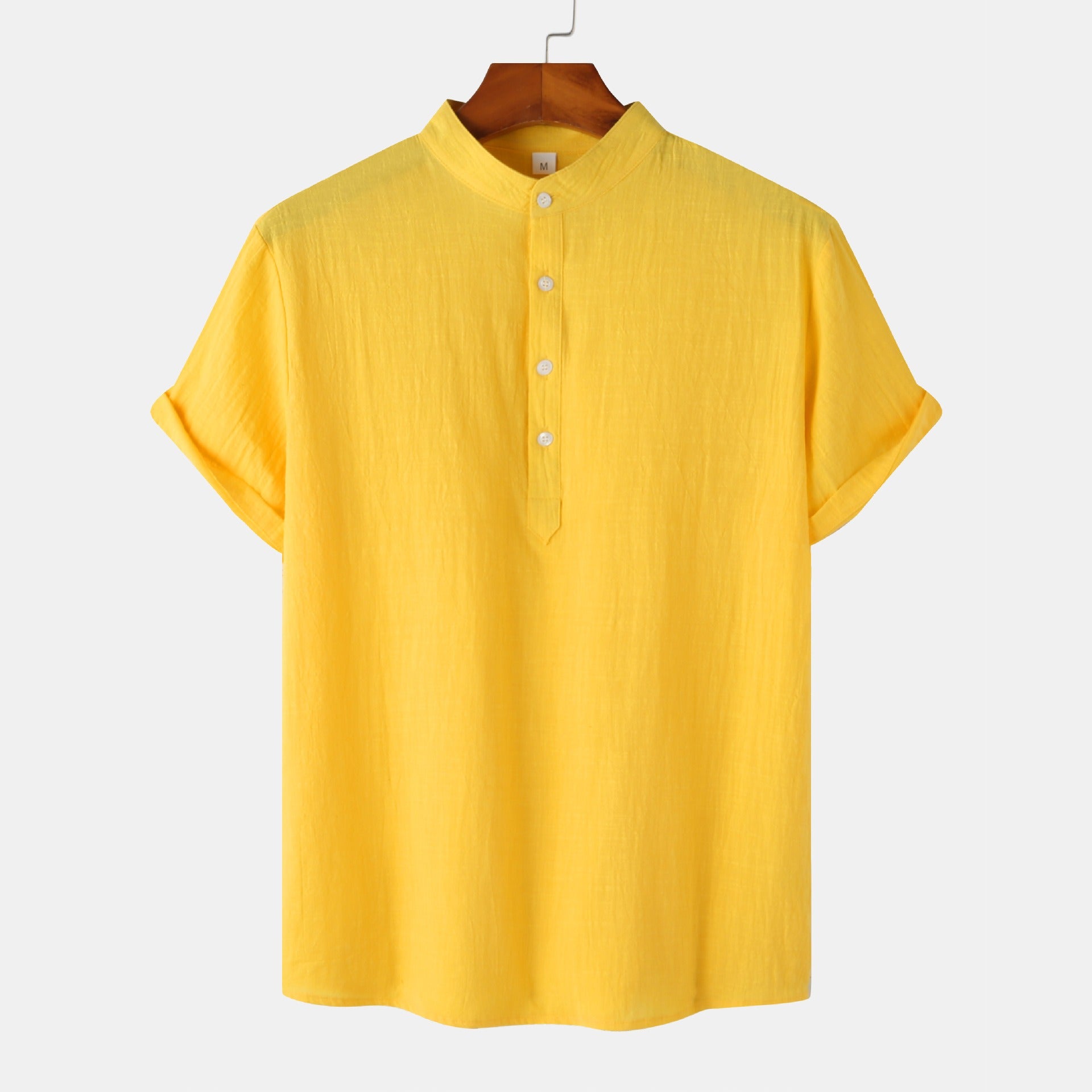 Men's Cotton-Linen Standing Collar Short-Sleeve Casual Shirt